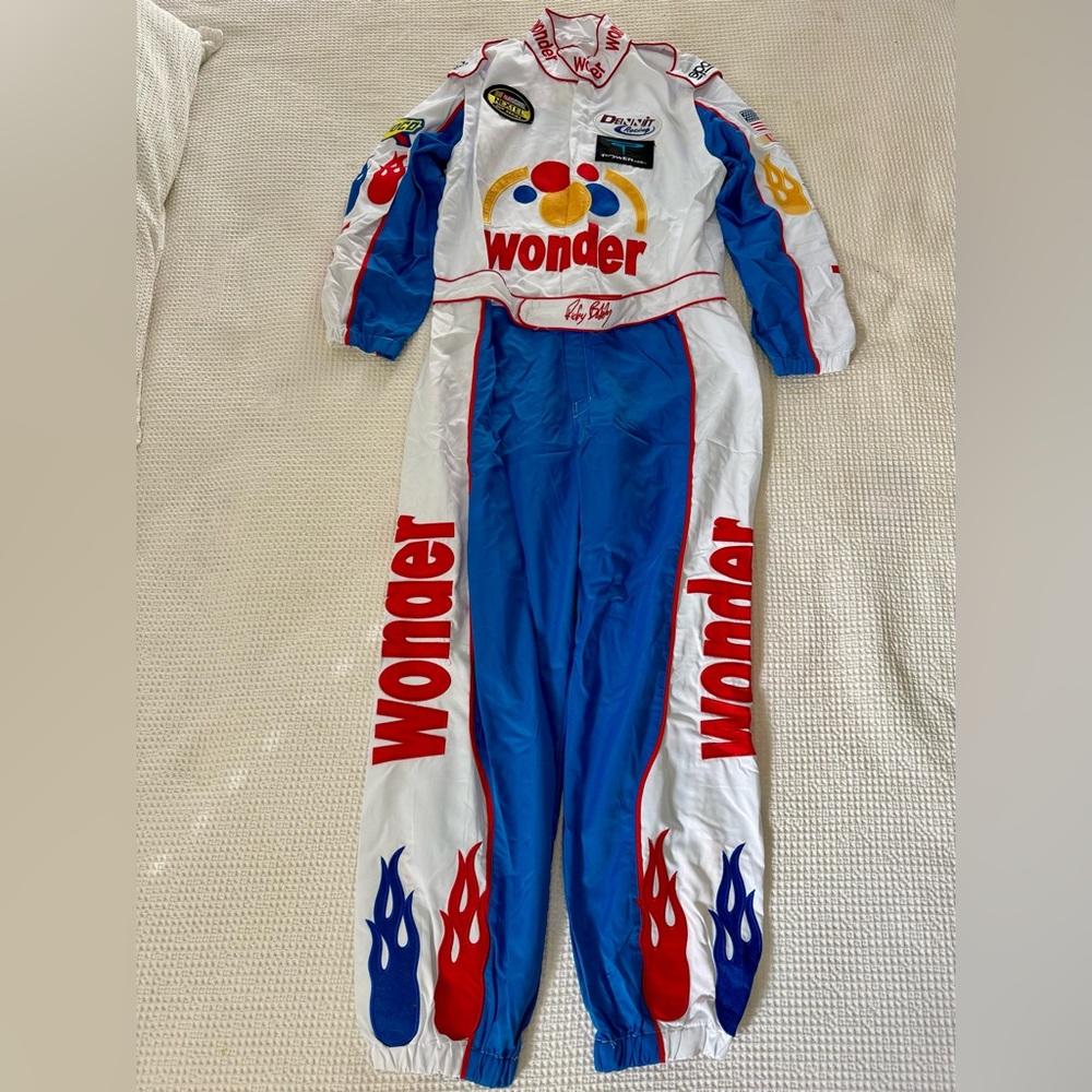 Ricky Bobby Wonder Bread Blue and White Racing Suit with Flame Design and Hat